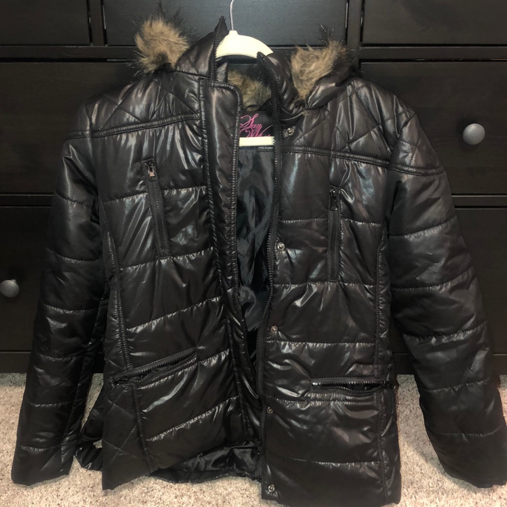 Puffy black winter coat with fur hood!